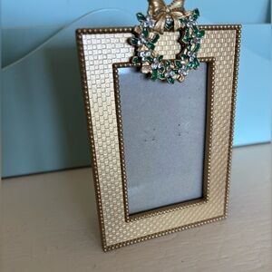 Gold Holiday Picture Frame with Jeweled Wreath Accent